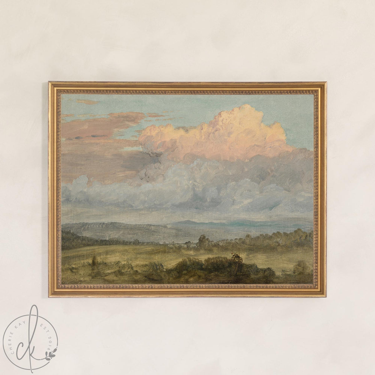 Countryside Landscape Framed Canvas | Pastel Clouds Over Green Valley | Vintage Countryside Wall Art Ornate Gold Frame | N136