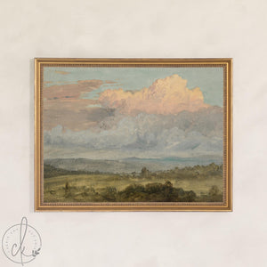 Countryside Landscape Framed Canvas | Pastel Clouds Over Green Valley | Vintage Countryside Wall Art Ornate Gold Frame | N136