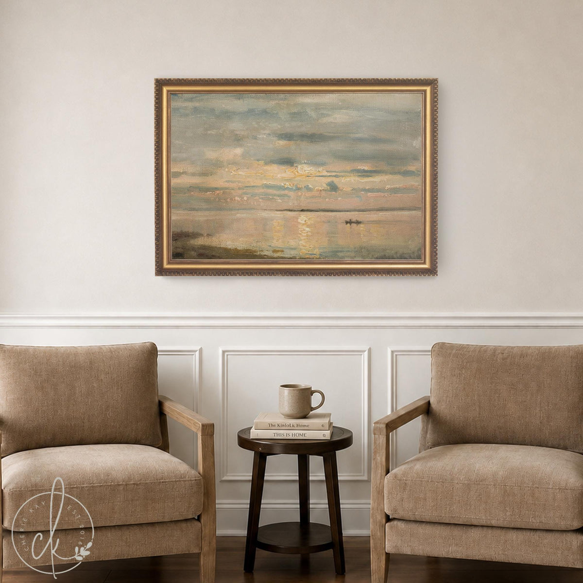 Beach Sunset Art | Vintage Coastal Landscape | Pastel Seascape on Framed Canvas | N137