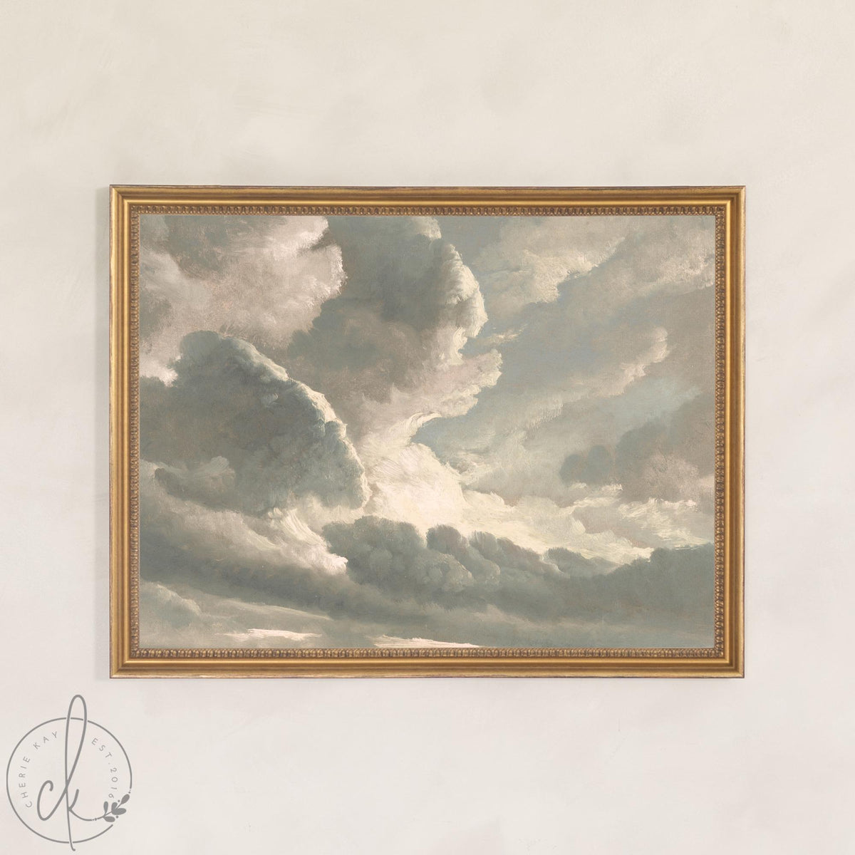 Vintage Sky Painting | Moody Cloud Wall Art | Framed Above Bed Decor | N114