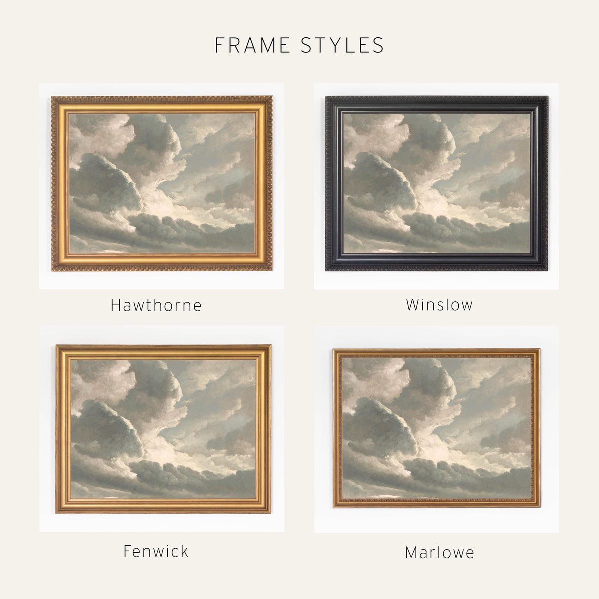 Vintage Sky Painting | Moody Cloud Wall Art | Framed Above Bed Decor | N114