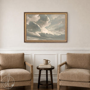 Vintage Sky Painting | Moody Cloud Wall Art | Framed Above Bed Decor | N114
