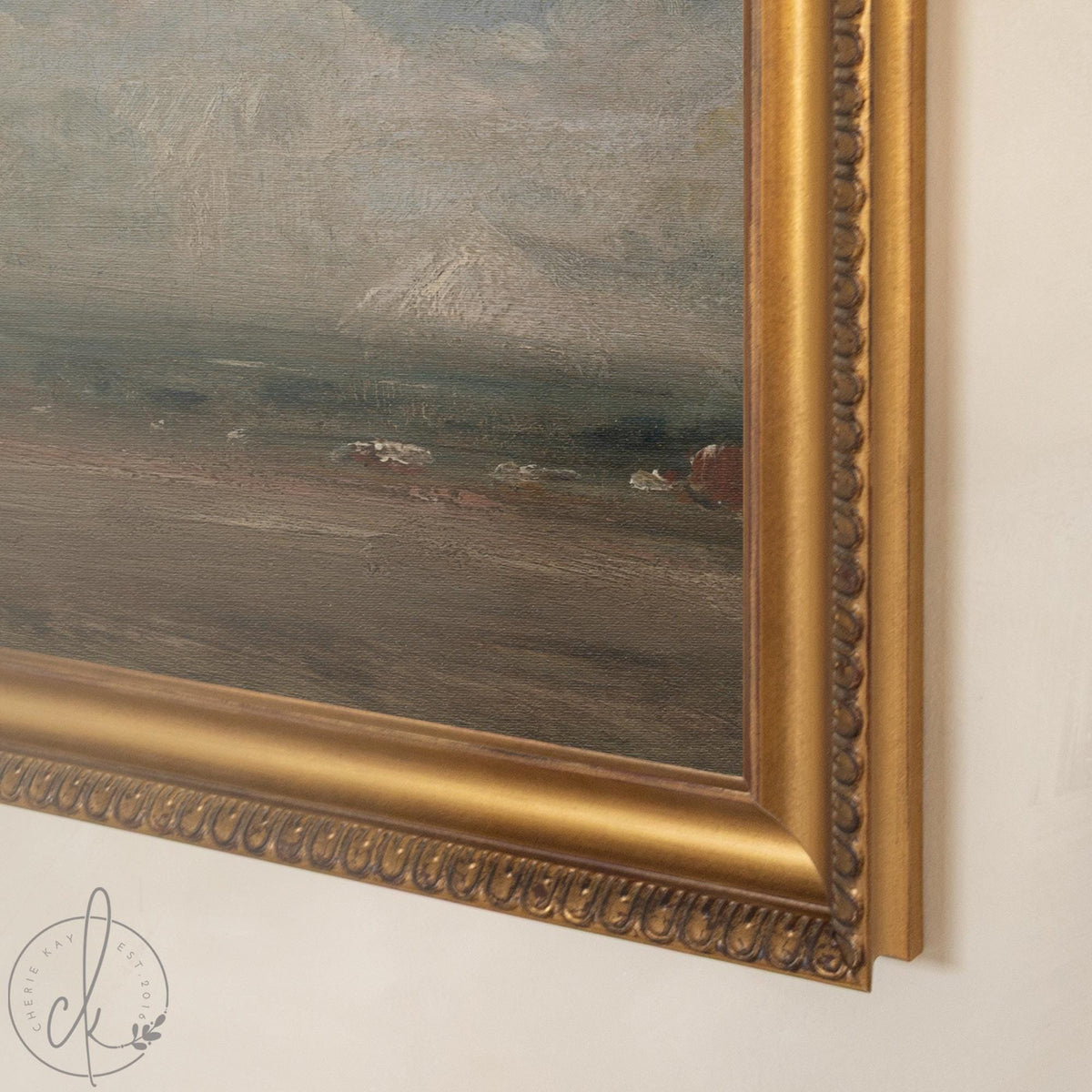 Pastoral Painting | Vintage Wall Art with Cloudy Sky | Black and Gold Framed Canvas Print | N138
