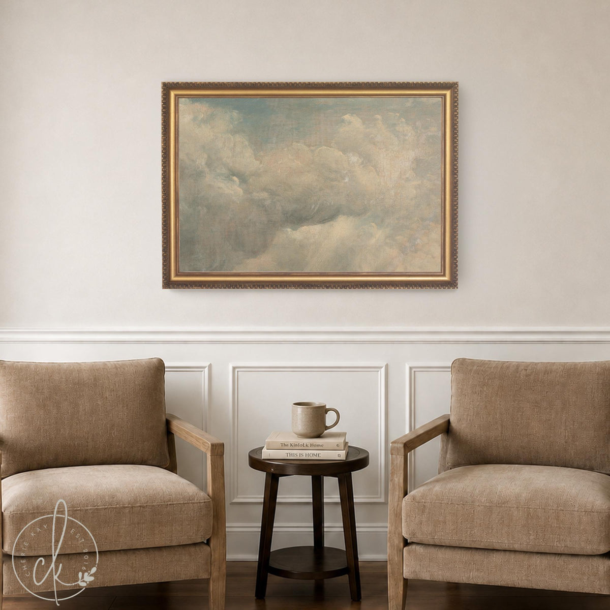 Vintage cloud painting with soft sunlit clouds on a muted blue sky in a gold frame
