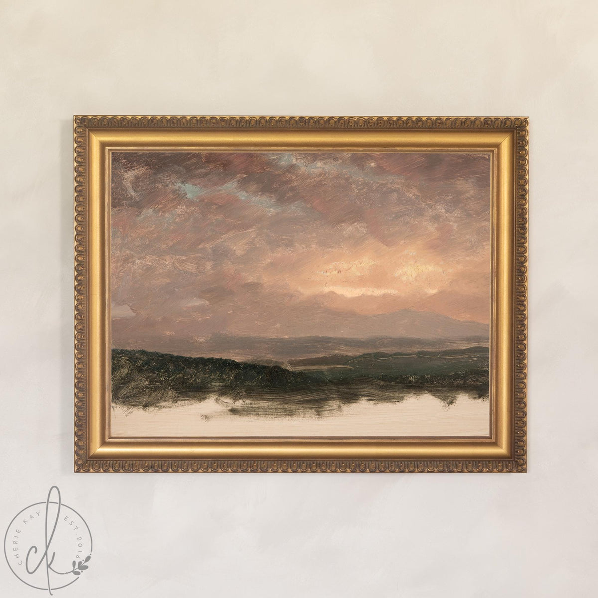 Evening Sky Painting | Vintage Mountain Sunset Landscape Framed Canvas | Moody Wall Art for Living Room or Entryway | N94