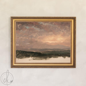 Evening Sky Painting | Vintage Mountain Sunset Landscape Framed Canvas | Moody Wall Art for Living Room or Entryway | N94