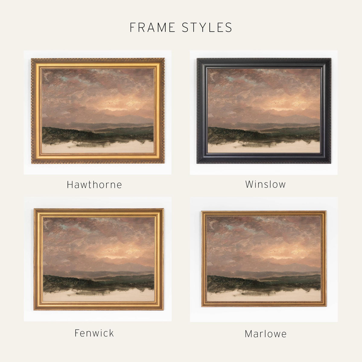 Evening Sky Painting | Vintage Mountain Sunset Landscape Framed Canvas | Moody Wall Art for Living Room or Entryway | N94
