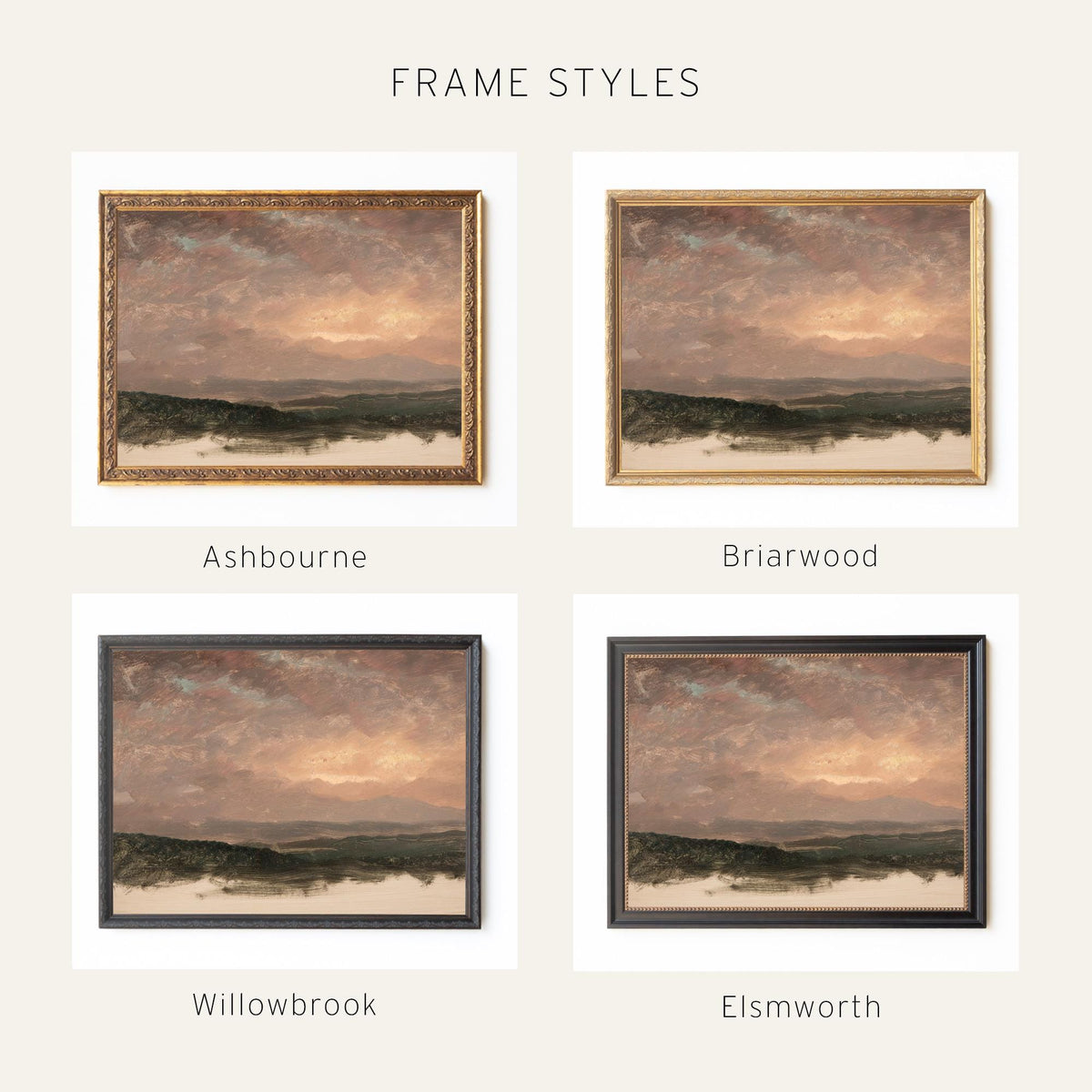 Evening Sky Painting | Vintage Mountain Sunset Landscape Framed Canvas | Moody Wall Art for Living Room or Entryway | N94