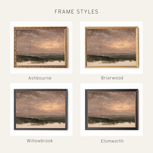 Evening Sky Painting | Vintage Mountain Sunset Landscape Framed Canvas | Moody Wall Art for Living Room or Entryway | N94