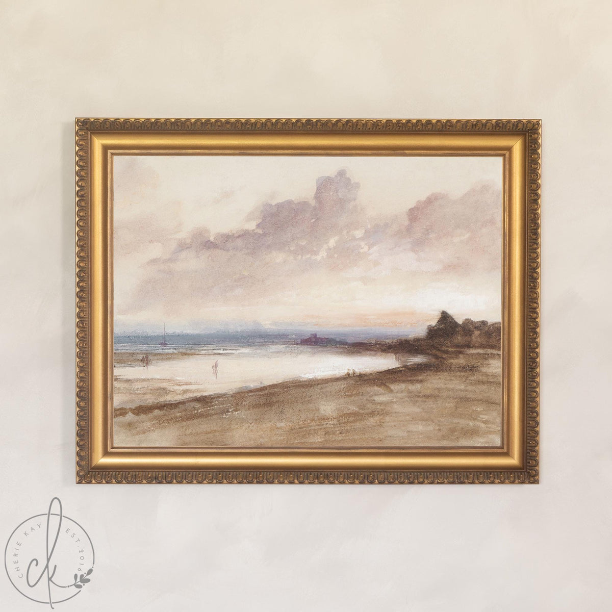Beach Sunset Painting | Vintage Coastal Wall Art for Living Room or Bedroom | Gold Framed Canvas Print | N198