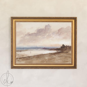 Beach Sunset Painting | Vintage Coastal Wall Art for Living Room or Bedroom | Gold Framed Canvas Print | N198