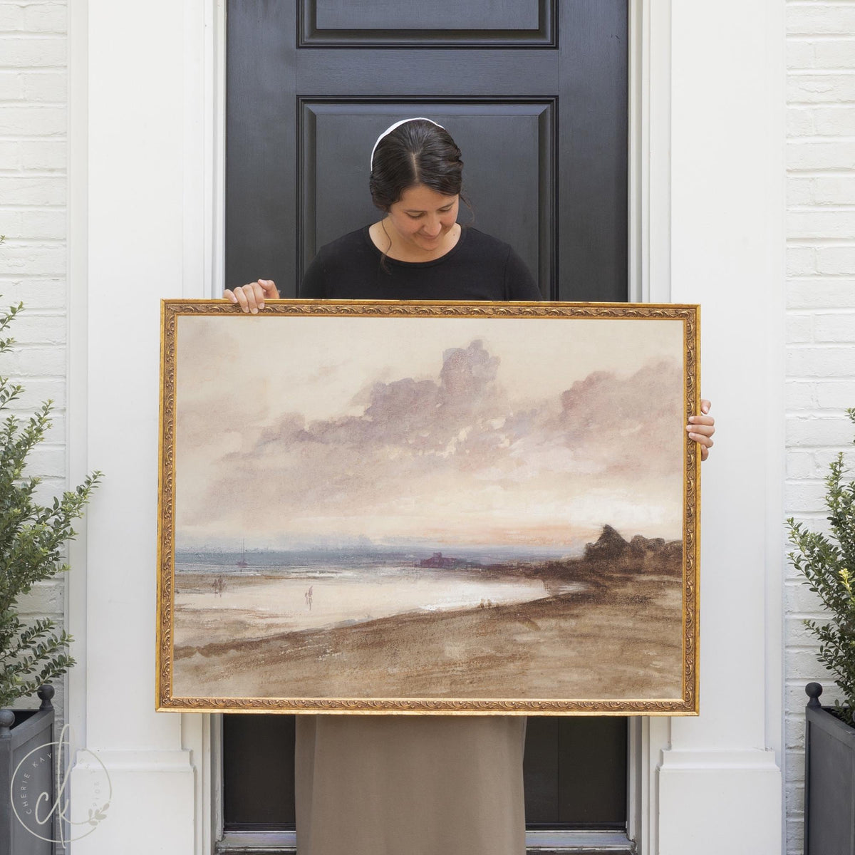 Beach Sunset Painting | Vintage Coastal Wall Art for Living Room or Bedroom | Gold Framed Canvas Print | N198