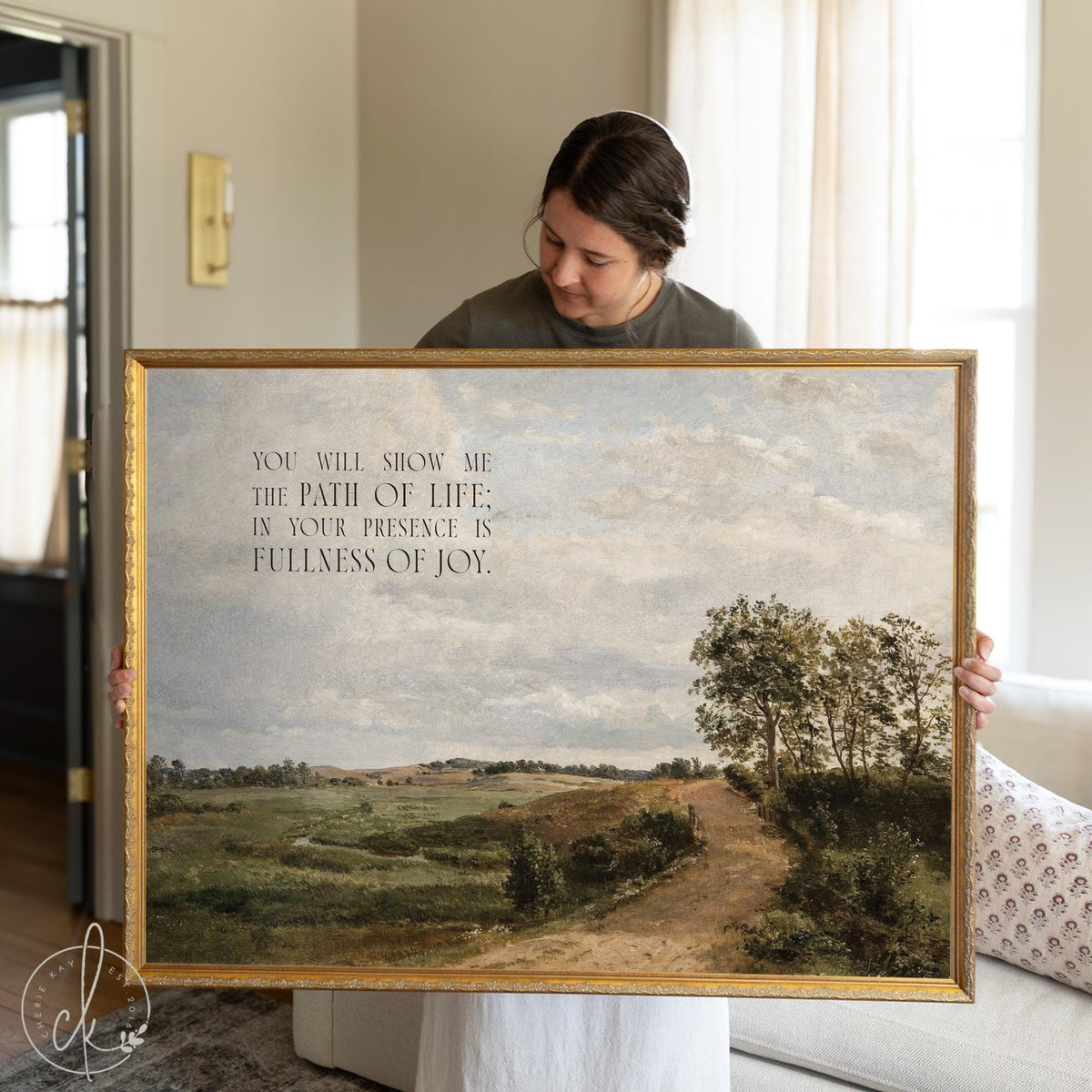 Pastoral landscape art with Psalm 16:11 verse, vintage countryside scene with path and trees in ornate gold frame.