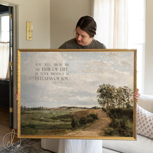 Pastoral landscape art with Psalm 16:11 verse, vintage countryside scene with path and trees in ornate gold frame.
