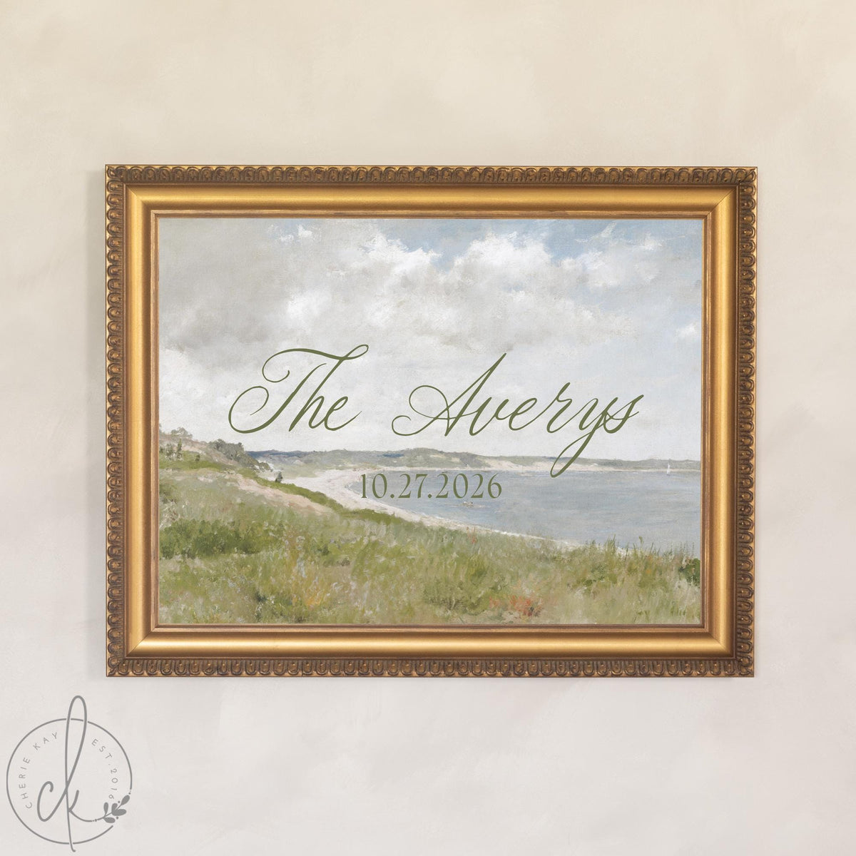 Coastal wedding decor sign with vintage seaside landscape and personalized last name and date in ornate gold frame