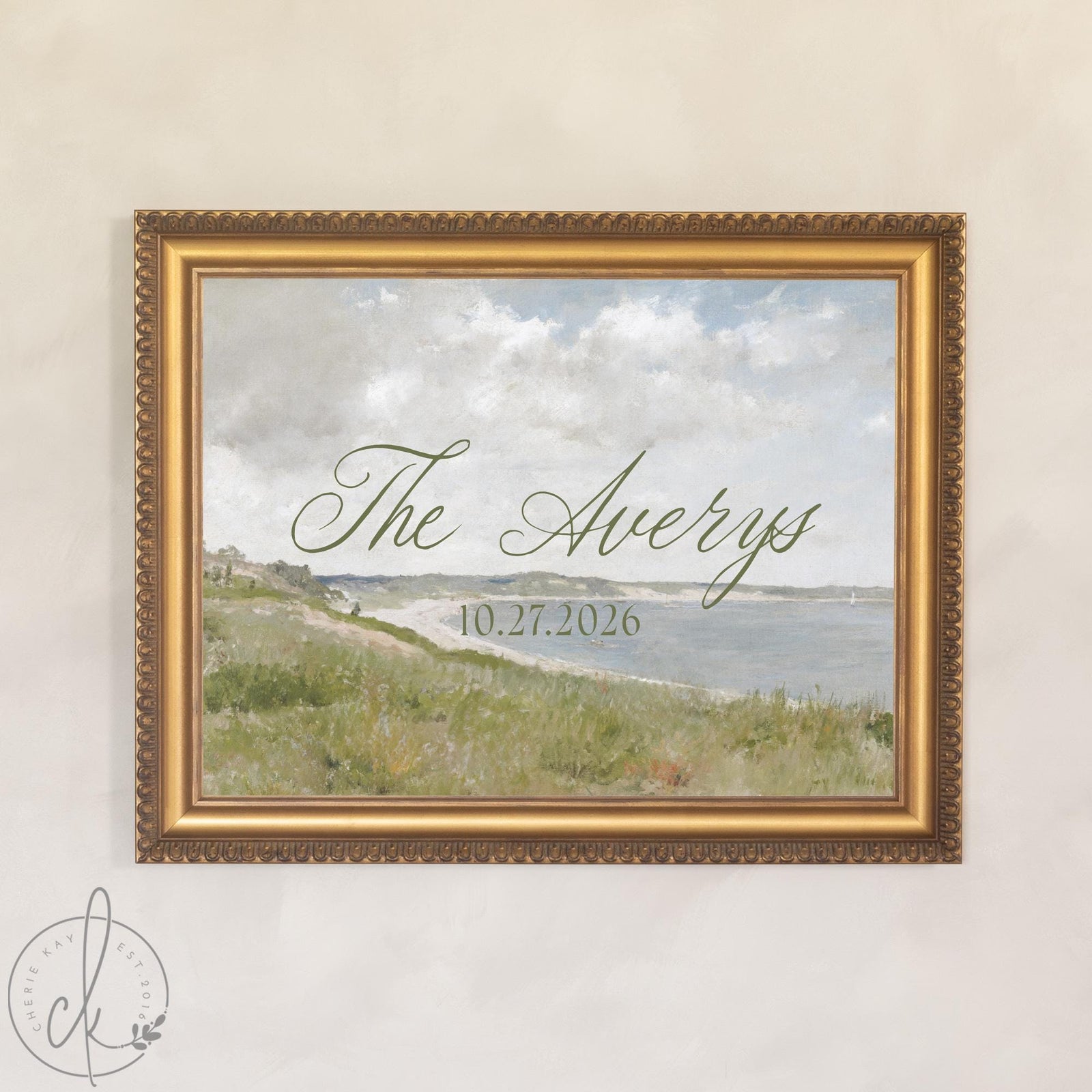 Coastal wedding decor sign with vintage seaside landscape and personalized last name and date in ornate gold frame