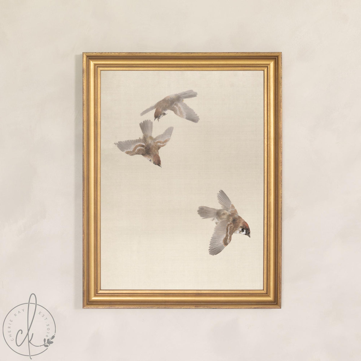 Sparrow Art Print | Vintage Framed Bird Canvas | Antique Gold Wall Decor | N110