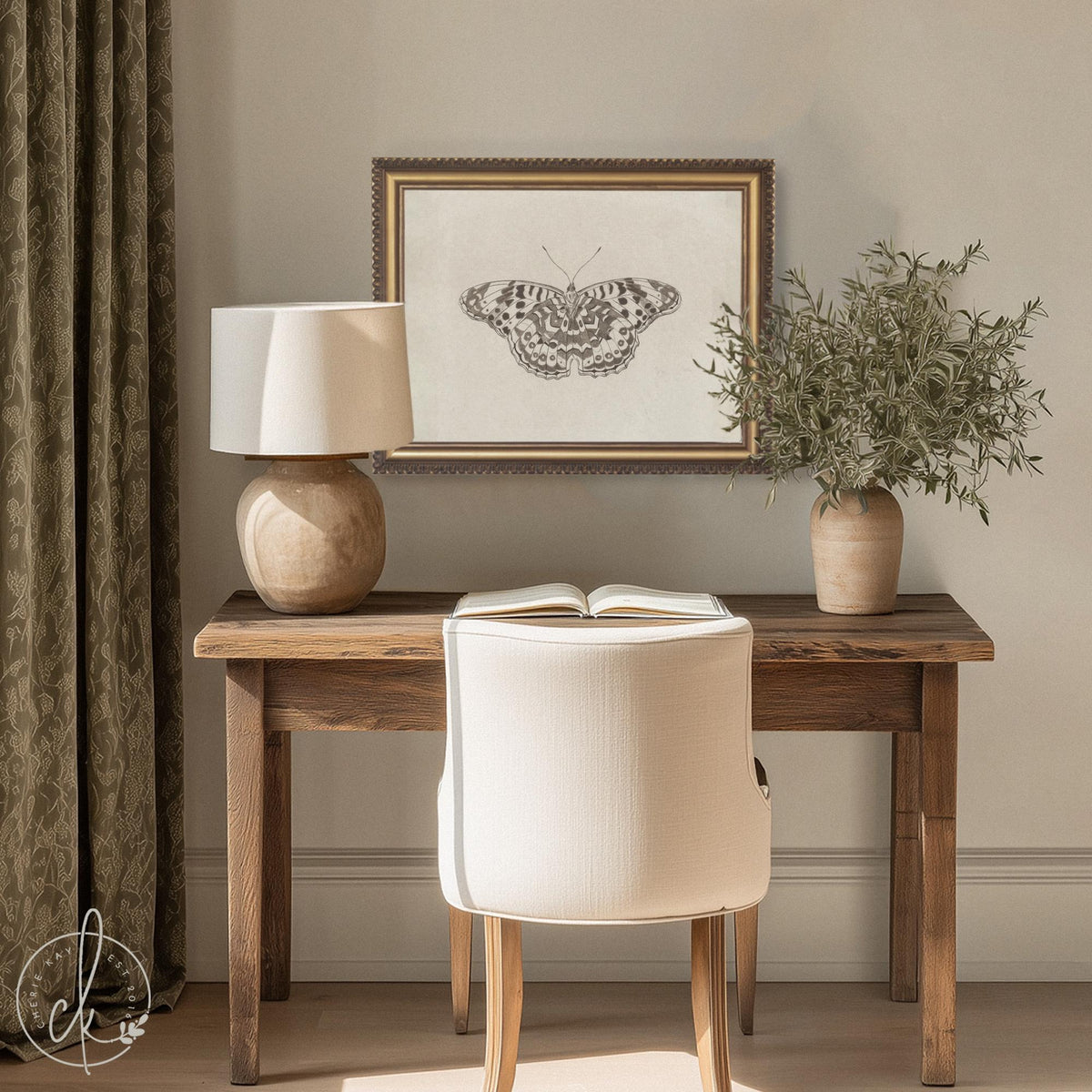 Framed Butterfly Art | Vintage Drawing Canvas Print | Antique Gold Wall Decor | N112