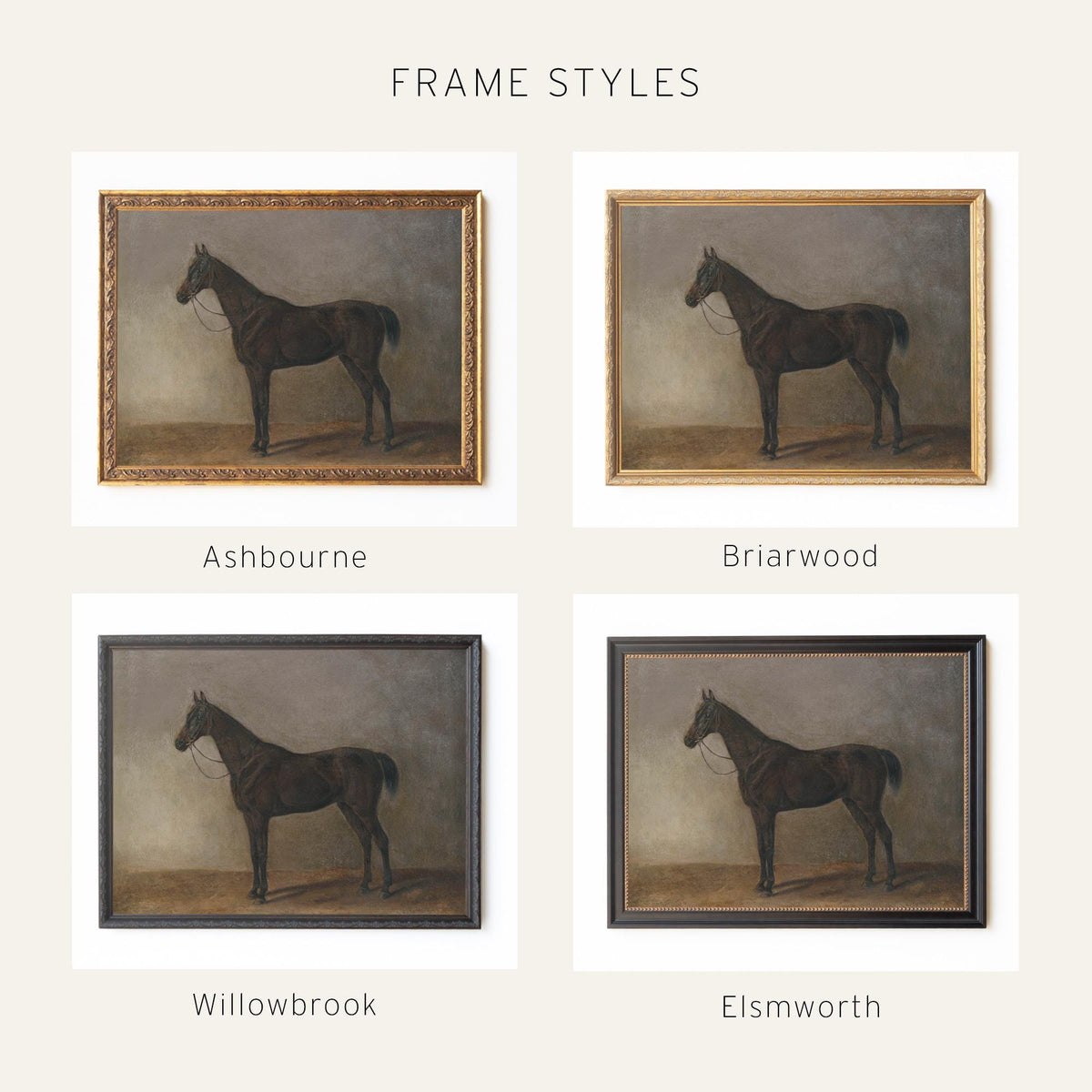 Antique Horse Print | Moody Equestrian Canvas Wall Art | Vintage Gold Frame Decor | N128