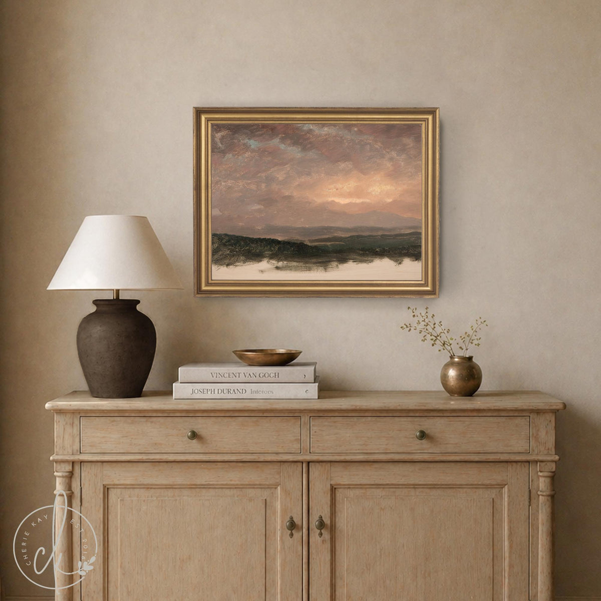 Evening Sky Painting | Vintage Mountain Sunset Landscape Framed Canvas | Moody Wall Art for Living Room or Entryway | N94