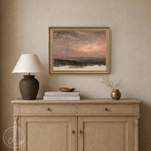 Evening Sky Painting | Vintage Mountain Sunset Landscape Framed Canvas | Moody Wall Art for Living Room or Entryway | N94