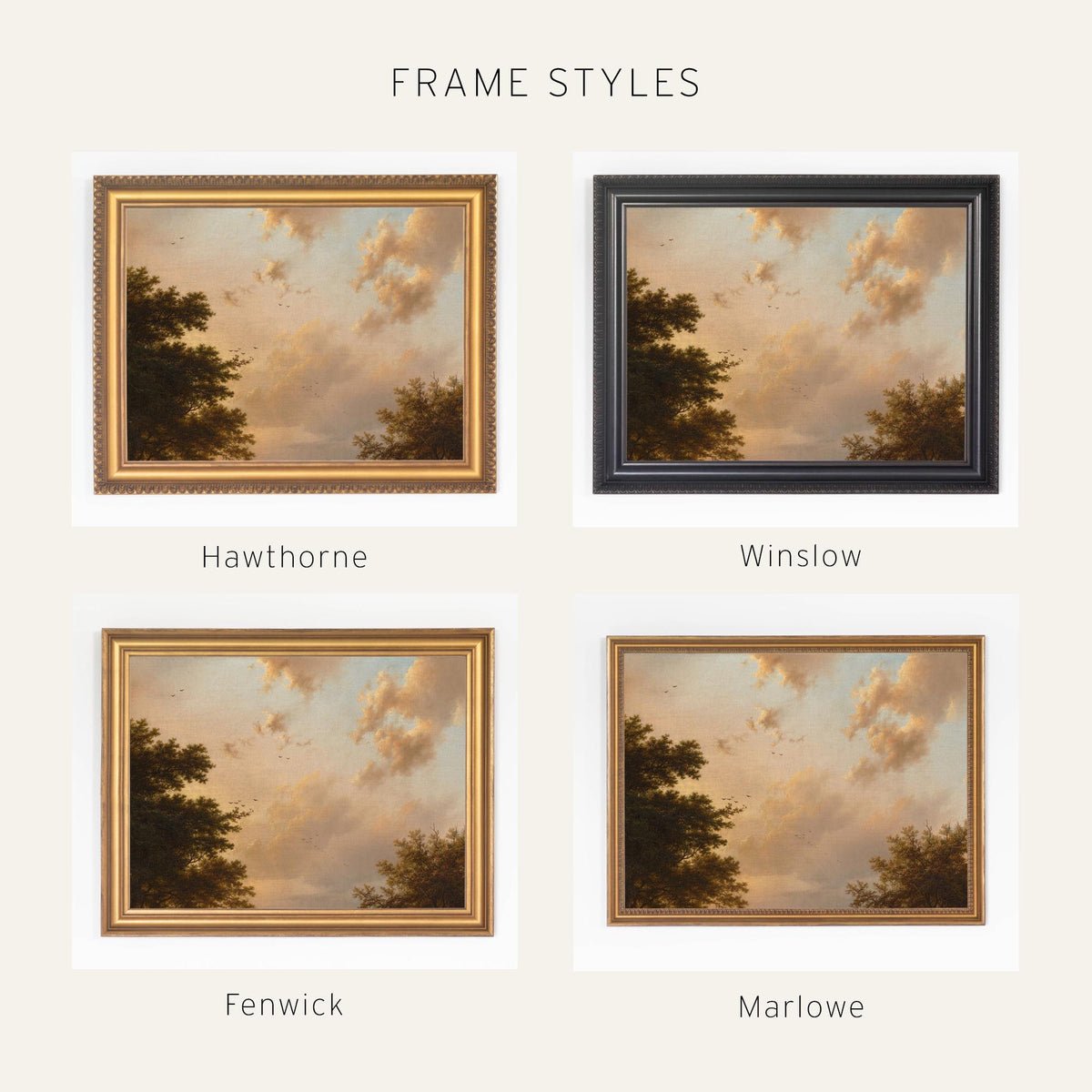 Sunset Wall Art | Vintage Framed Landscape Canvas Print | Cloud Sky Scene | N132
