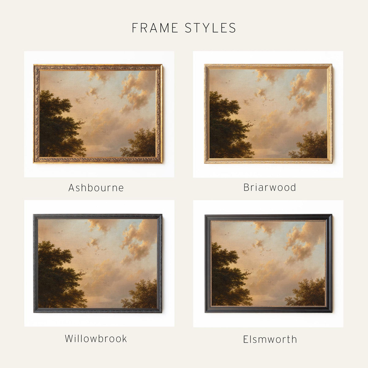 Sunset Wall Art | Vintage Framed Landscape Canvas Print | Cloud Sky Scene | N132