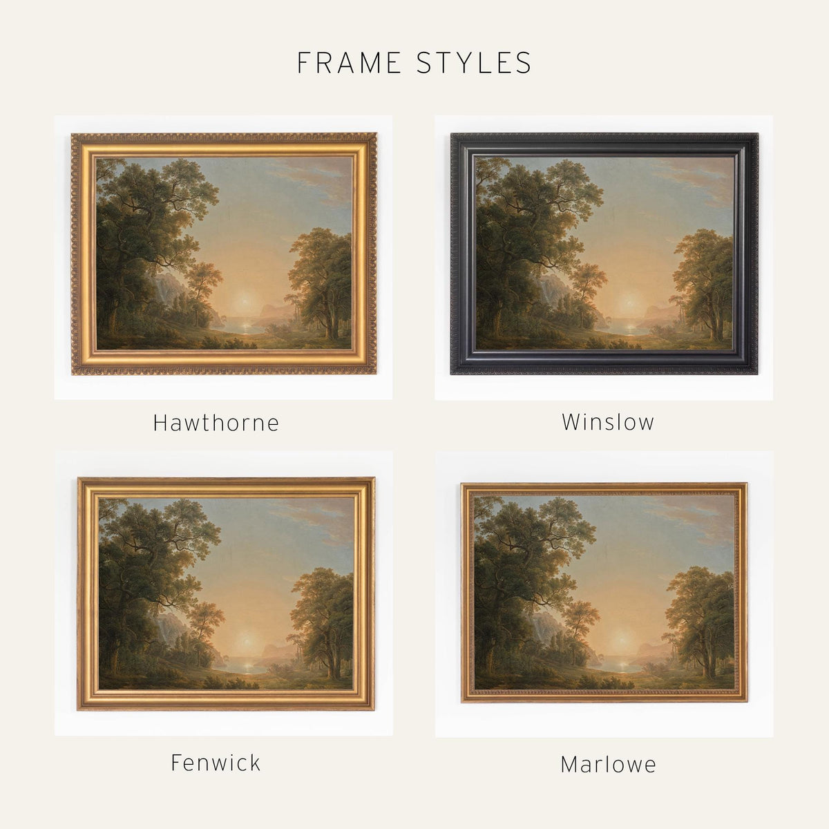 Sunset Artwork | Vintage Lake Landscape Canvas Print in Gold Frame | Large Wall Decor for Living Room or Entryway | N133