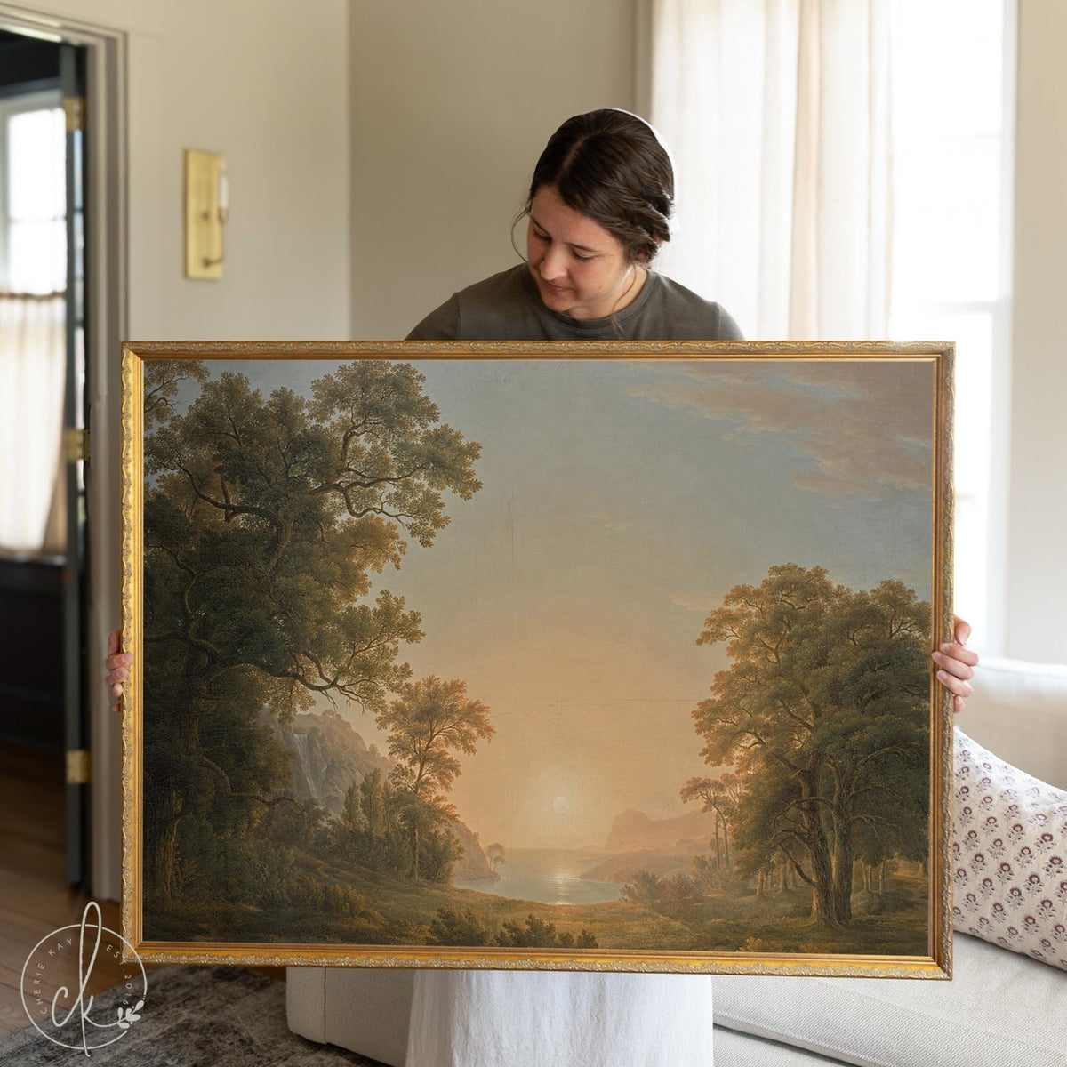 Sunset Artwork | Vintage Lake Landscape Canvas Print in Gold Frame | Large Wall Decor for Living Room or Entryway | N133