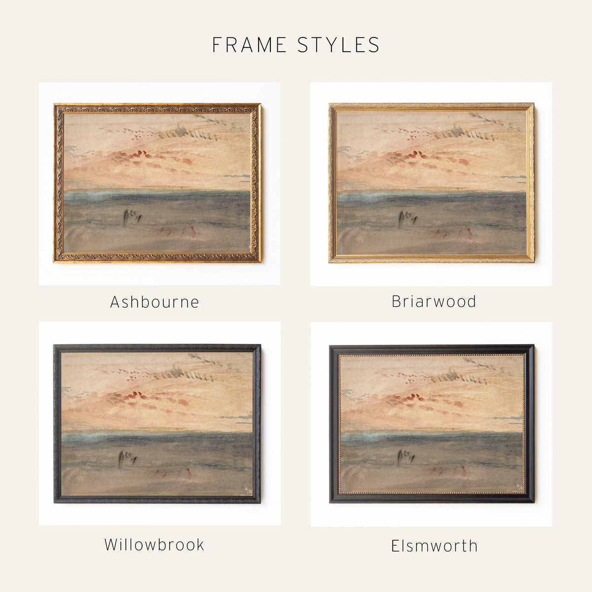 Ocean Sunset Painting in an Ornate Gold Frame | Soft Watercolor Seascape for the Living Room | Framed Canvas Art | N134