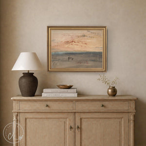 Ocean Sunset Painting in an Ornate Gold Frame | Soft Watercolor Seascape for the Living Room | Framed Canvas Art | N134