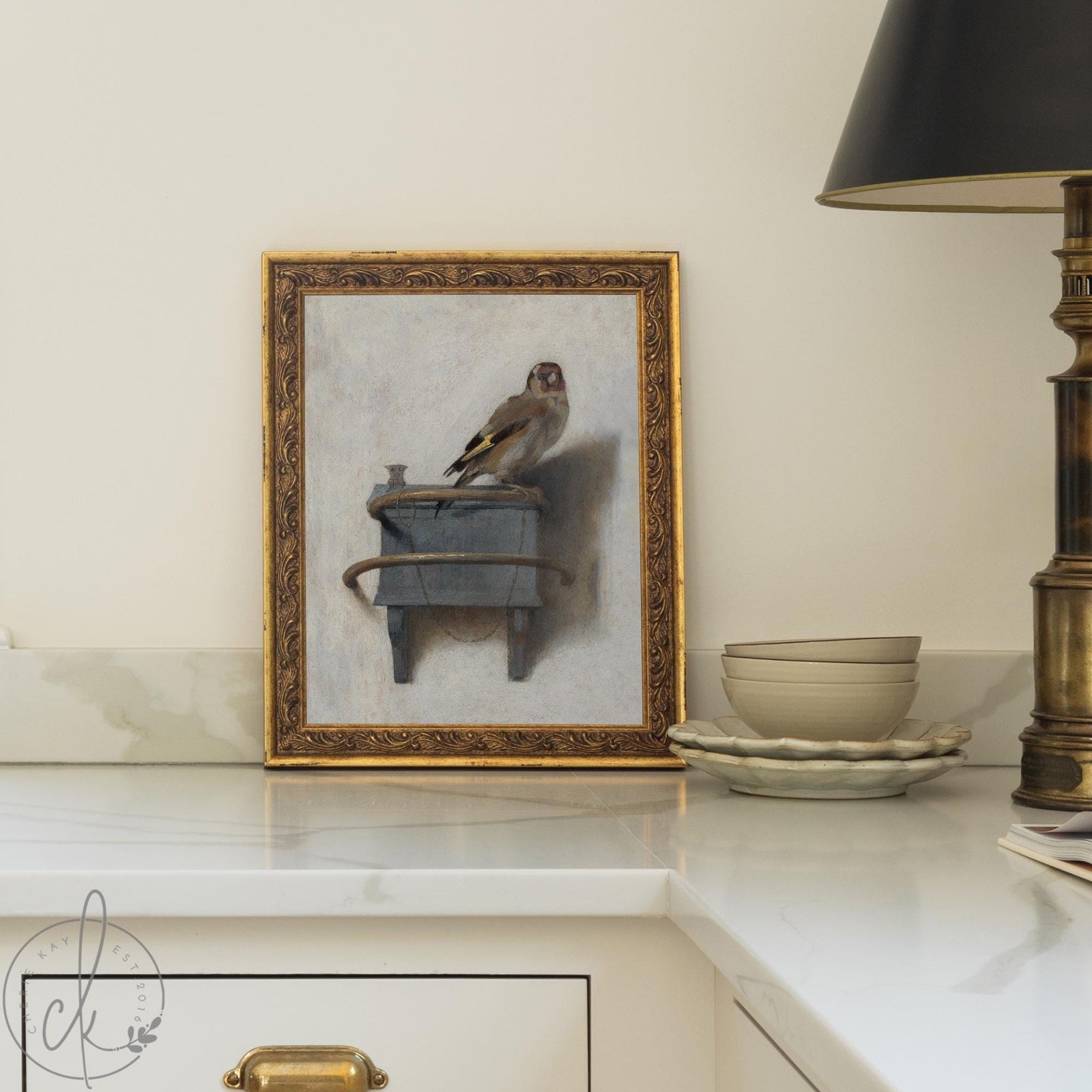 Vintage Bird Art | Framed Goldfinch Canvas Print | Moody Wall Decor for Living Room | N41