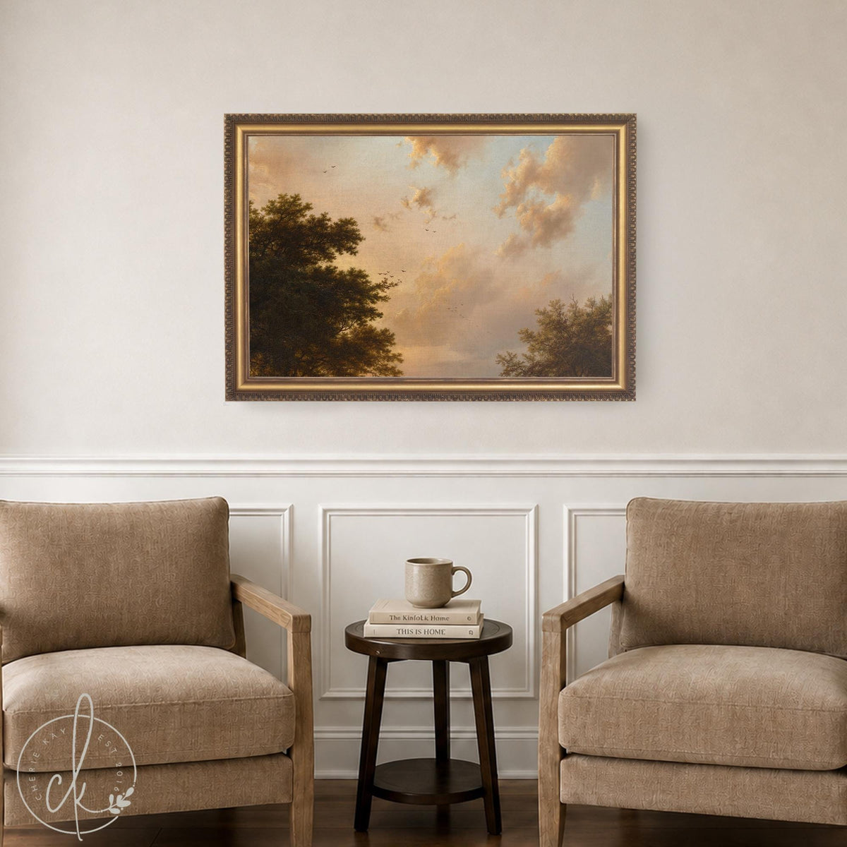 Framed sunset wall art canvas print of a vintage landscape with golden clouds, peach sky, and tall green trees