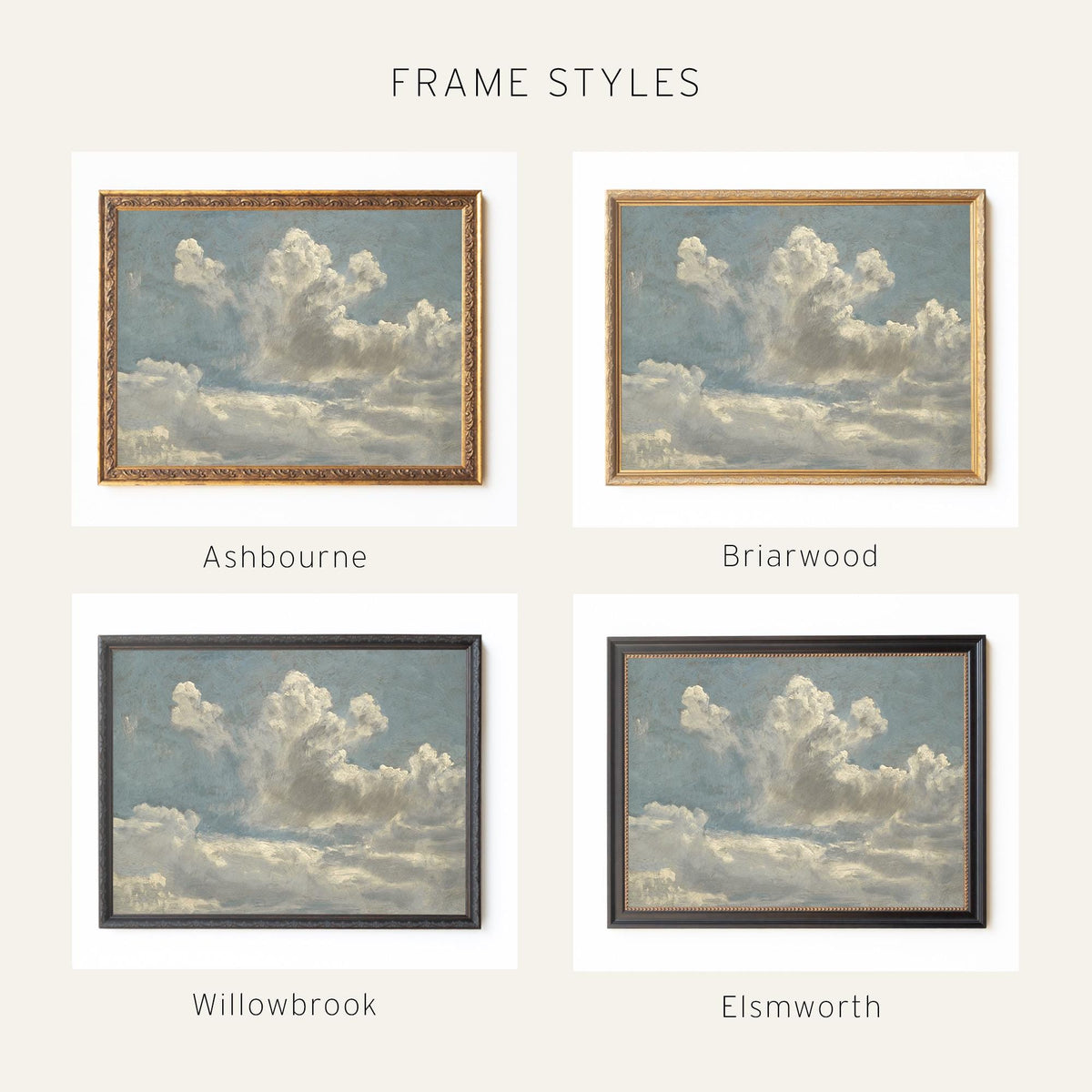 Cloud Art Print | Antique Landscape in Ornate Gold Frame | Living Room Wall Art | N135