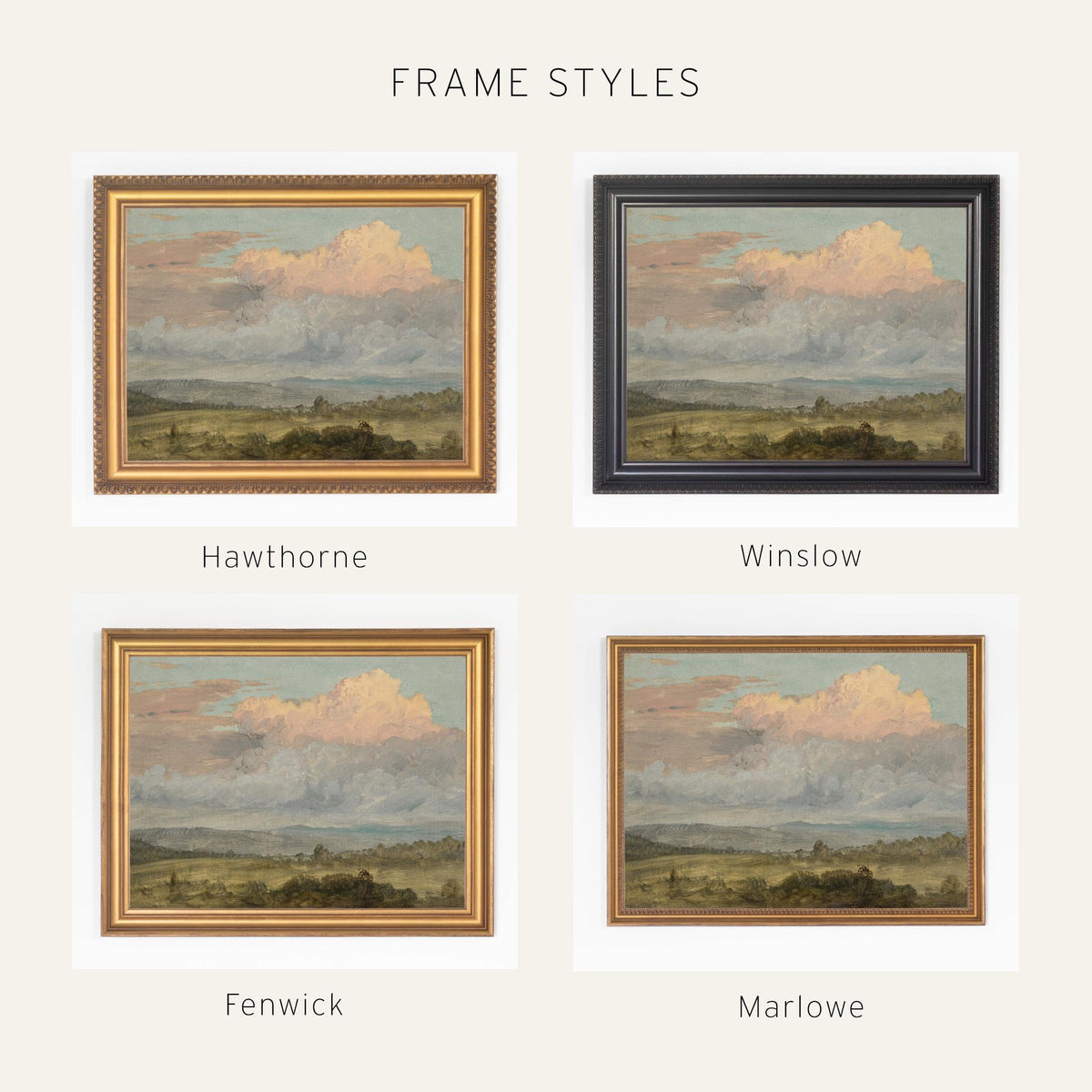 Countryside Landscape Framed Canvas | Pastel Clouds Over Green Valley | Vintage Countryside Wall Art Ornate Gold Frame | N136