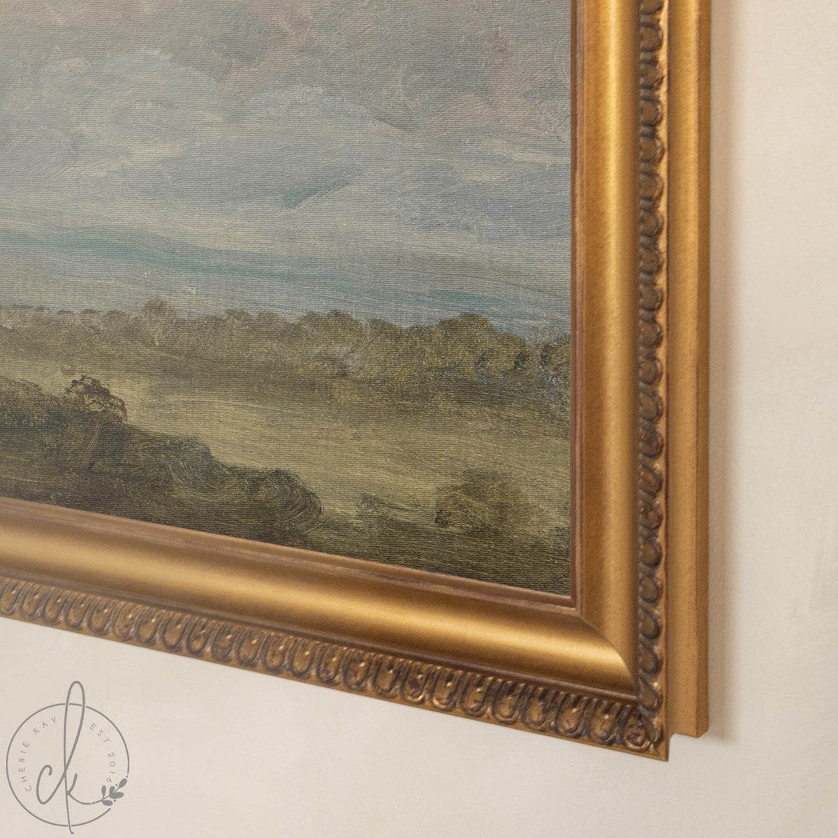 Countryside Landscape Framed Canvas | Pastel Clouds Over Green Valley | Vintage Countryside Wall Art Ornate Gold Frame | N136