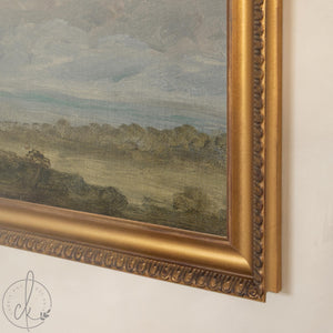 Countryside Landscape Framed Canvas | Pastel Clouds Over Green Valley | Vintage Countryside Wall Art Ornate Gold Frame | N136
