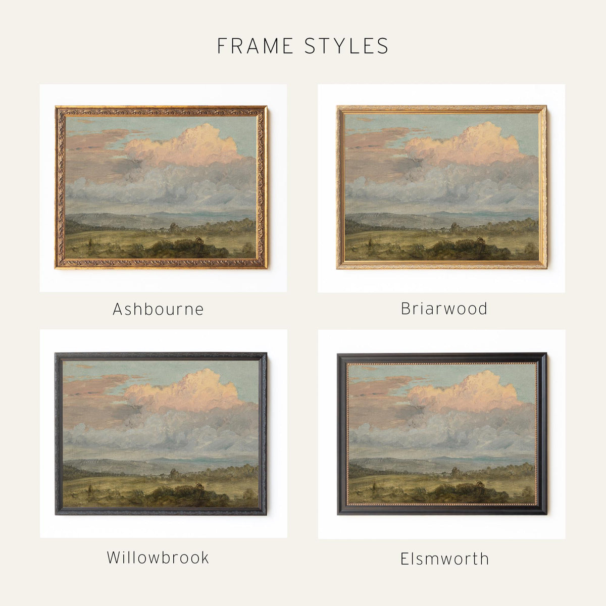 Countryside Landscape Framed Canvas | Pastel Clouds Over Green Valley | Vintage Countryside Wall Art Ornate Gold Frame | N136