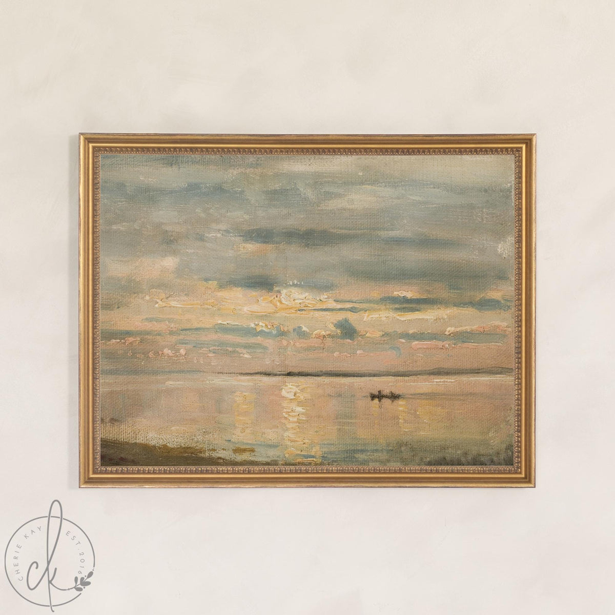 Beach Sunset Art | Vintage Coastal Landscape | Pastel Seascape on Framed Canvas | N137