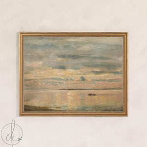 Beach Sunset Art | Vintage Coastal Landscape | Pastel Seascape on Framed Canvas | N137