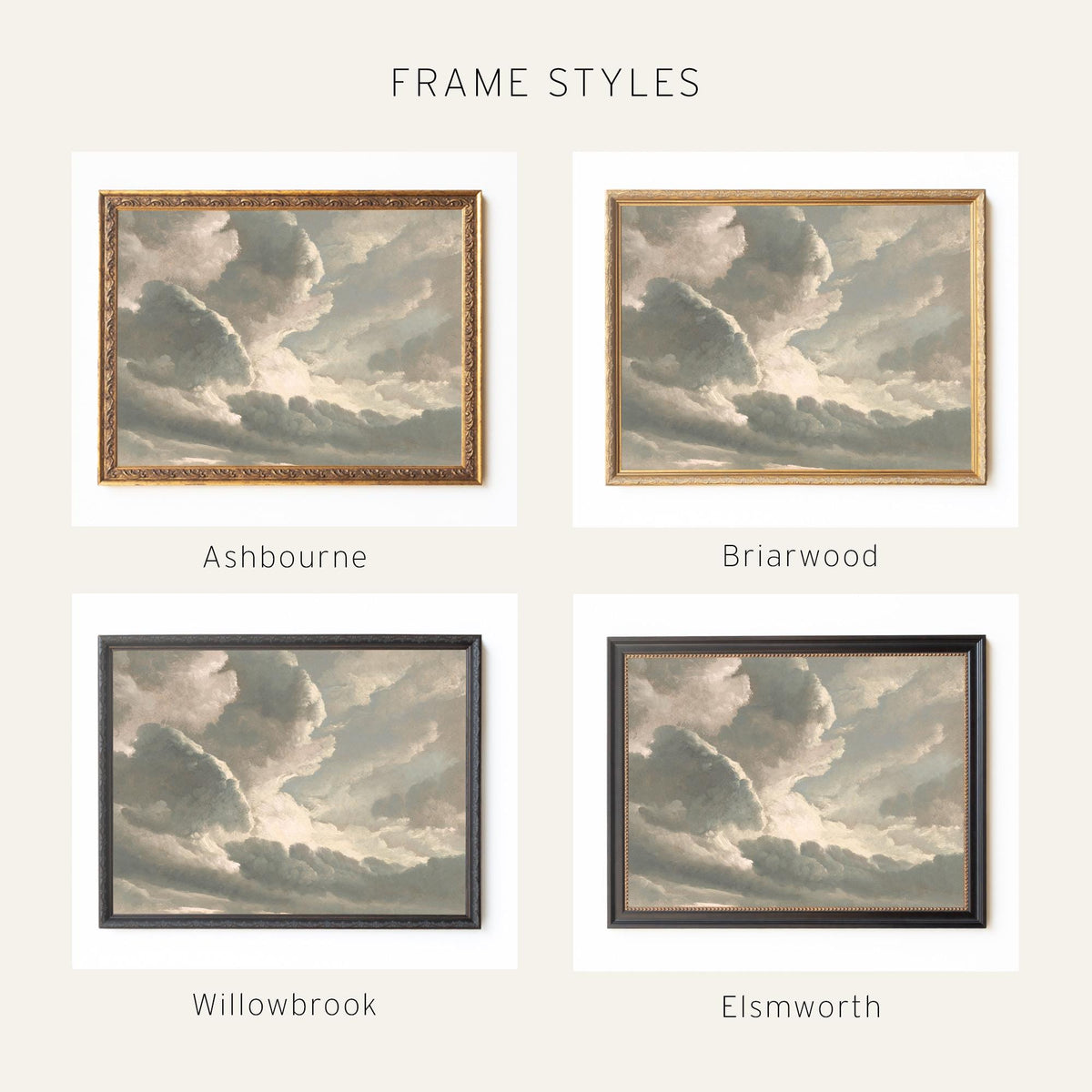 Vintage Sky Painting | Moody Cloud Wall Art | Framed Above Bed Decor | N114