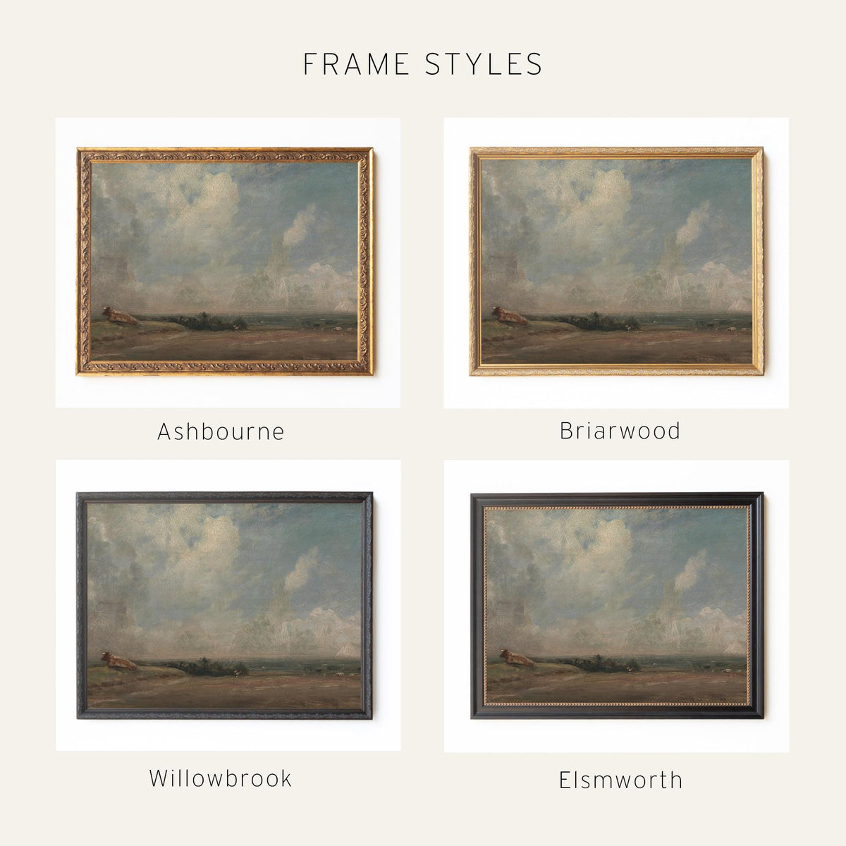 Pastoral Painting | Vintage Wall Art with Cloudy Sky | Black and Gold Framed Canvas Print | N138