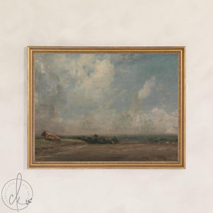 Pastoral Painting | Vintage Wall Art with Cloudy Sky | Black and Gold Framed Canvas Print | N138
