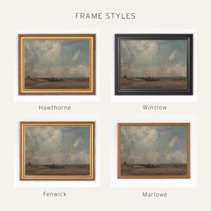 Pastoral Painting | Vintage Wall Art with Cloudy Sky | Black and Gold Framed Canvas Print | N138