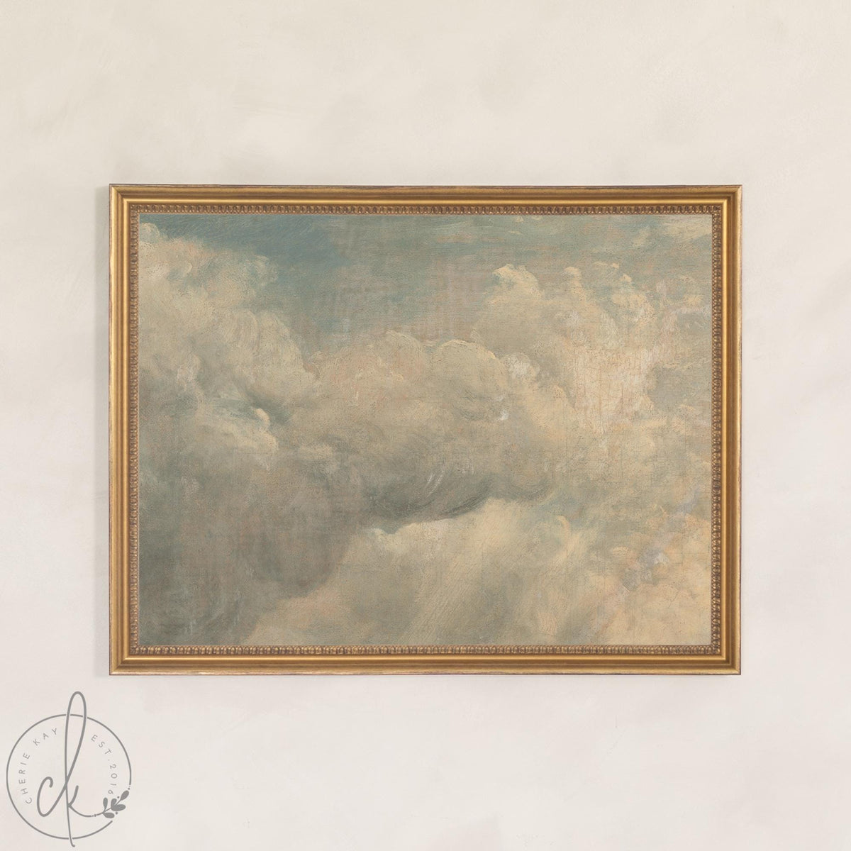 Vintage Cloud Painting | Sunlit Sky Wall Art | Framed Cloud Decor for Living Room | N139