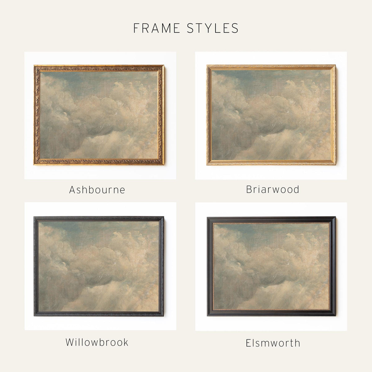 Vintage Cloud Painting | Sunlit Sky Wall Art | Framed Cloud Decor for Living Room | N139