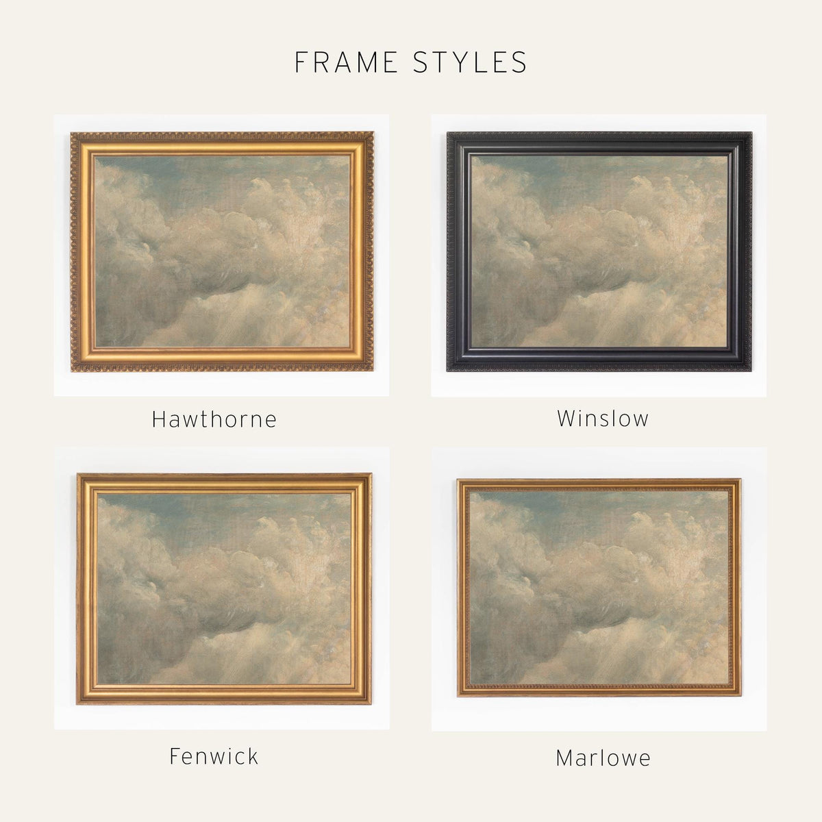 Vintage Cloud Painting | Sunlit Sky Wall Art | Framed Cloud Decor for Living Room | N139