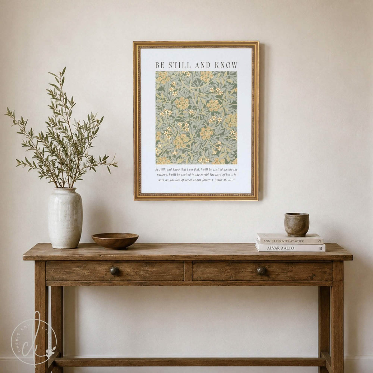 William Morris Framed Art | Be Still and Know Psalm 46 Scripture Wall Decor | Sage Green Floral | N142