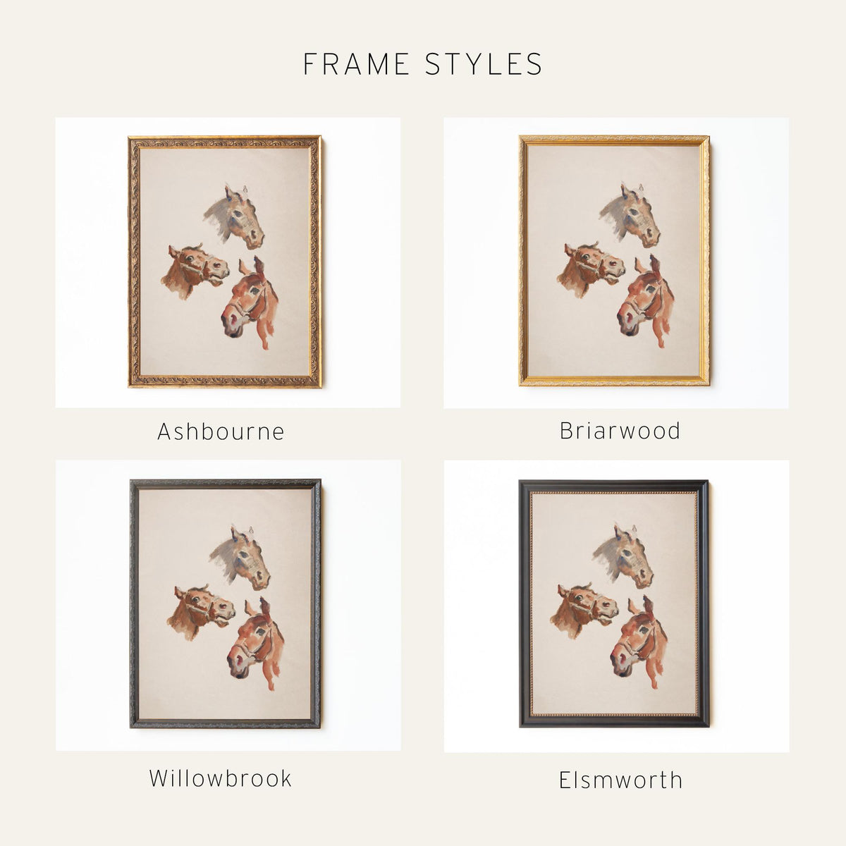 Horse Print | Framed Vintage Equestrian Canvas | Three Horse Portrait Wall Art | N145