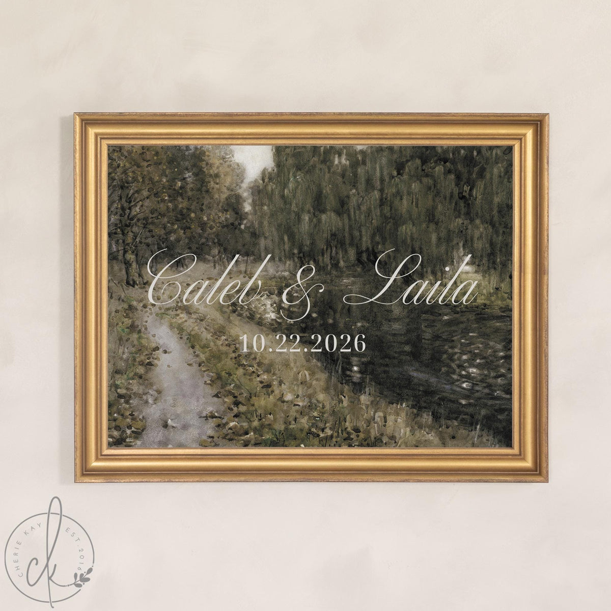 Wedding Entrance Sign | Green Impressionist Landscape Welcome Easel | Personalized Names and Date | N153